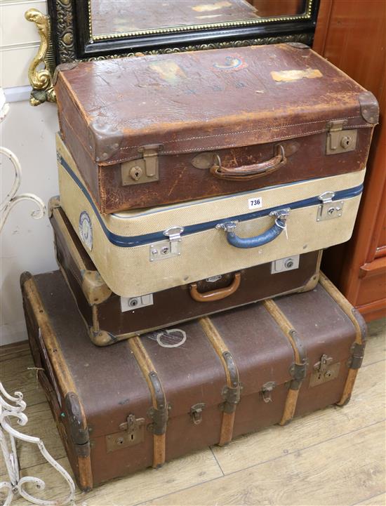 A travel trunk and three other cases, trunk W.75cm